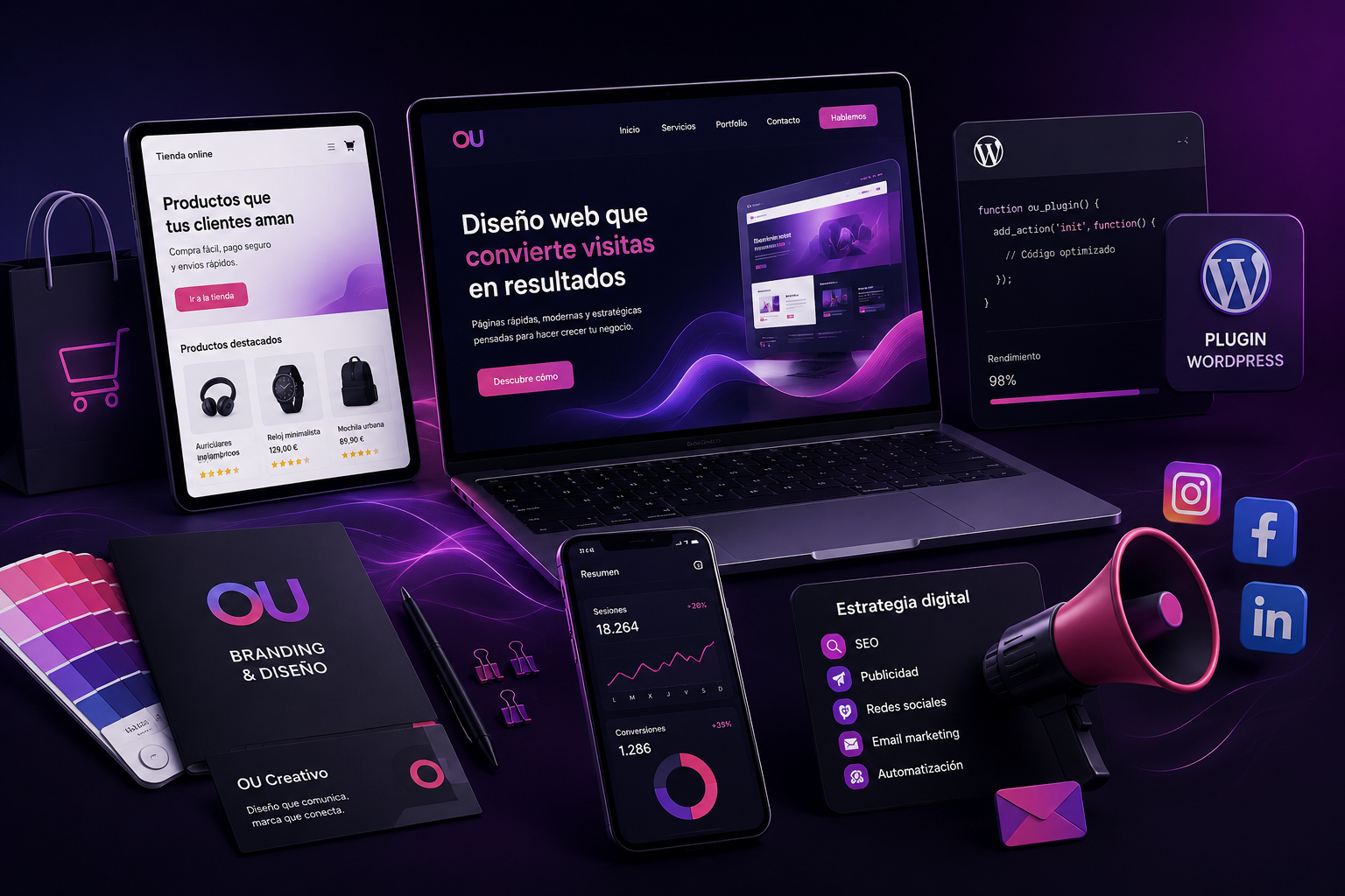 Collage premium de diseño web, ecommerce, plugins WordPress, diseño gráfico y marketing digital