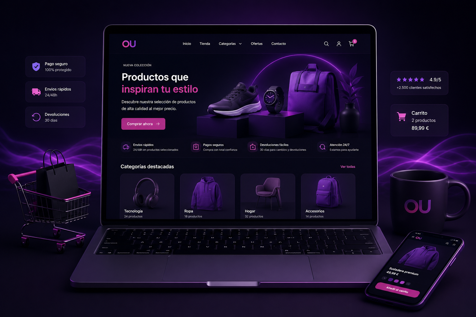 Mockup de portátil con una tienda online moderna