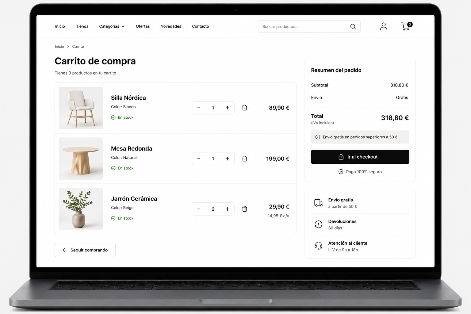 Carrito y checkout de tienda online con resumen de pedido y botón de pago