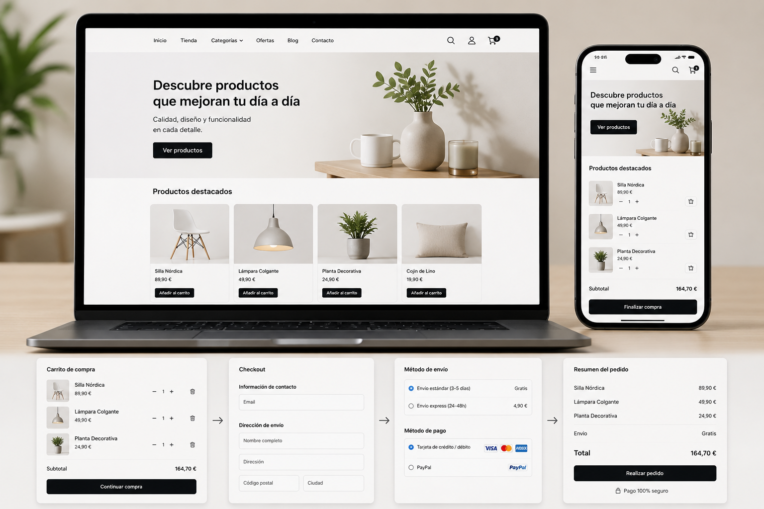 Mockup de tienda online en portátil y móvil con productos, carrito y checkout