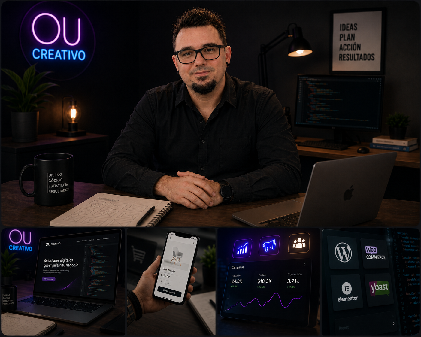 Collage visual de diseño web, diseño gráfico, plugins WordPress, ecommerce y marketing digital