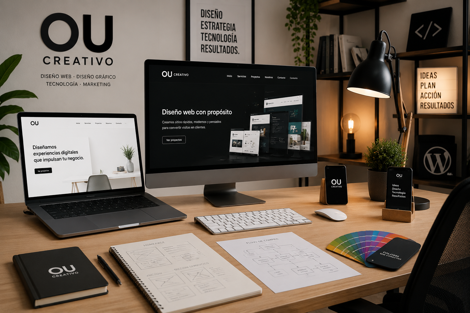 Estudio creativo con escritorio de trabajo, diseño web, tecnología y herramientas digitales