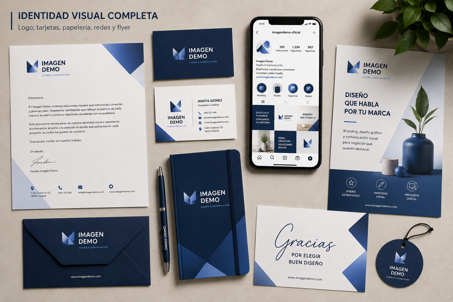 Imagen demo de identidad visual completa con logo, tarjetas, papelería, redes y flyer