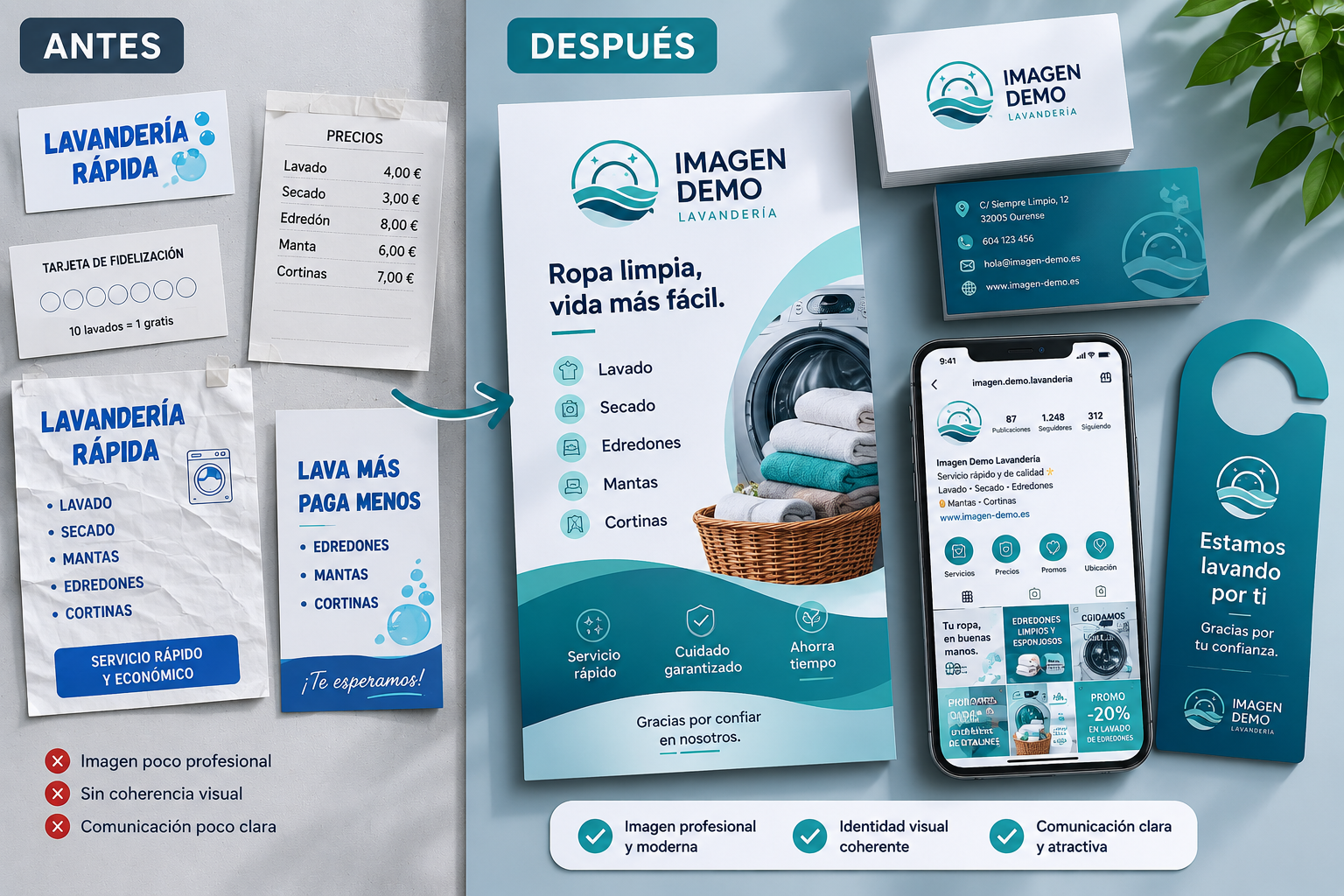 Antes y después de una identidad visual aplicada a piezas gráficas