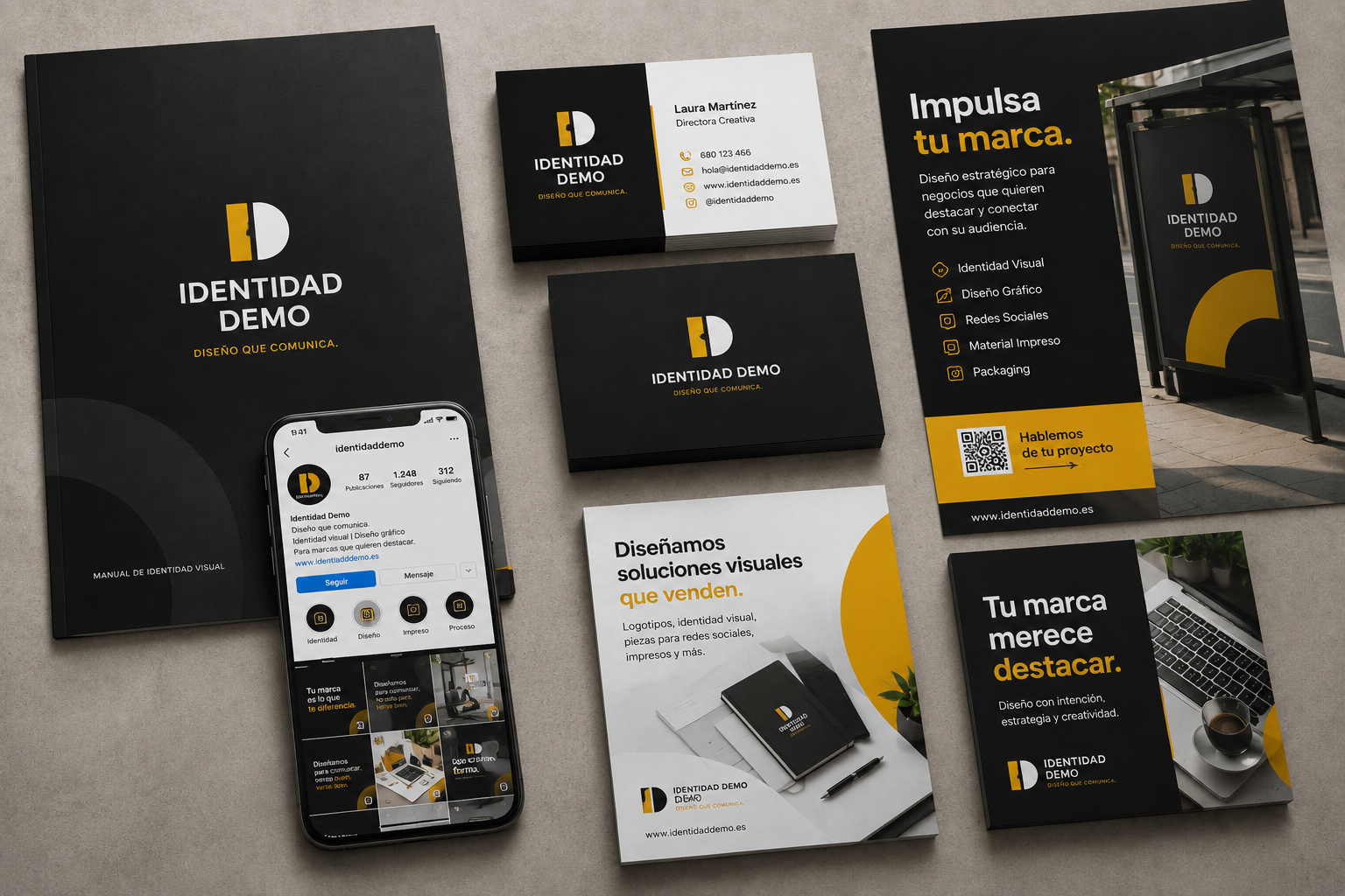 Mockup de identidad visual con piezas de redes sociales, tarjetas y cartel promocional