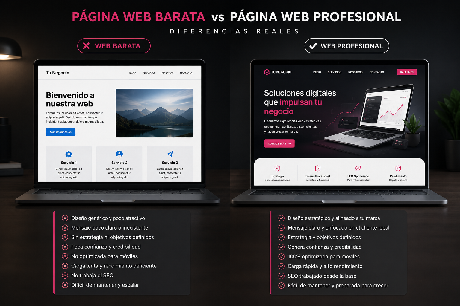 Comparativa visual entre una página web barata y una página web profesional