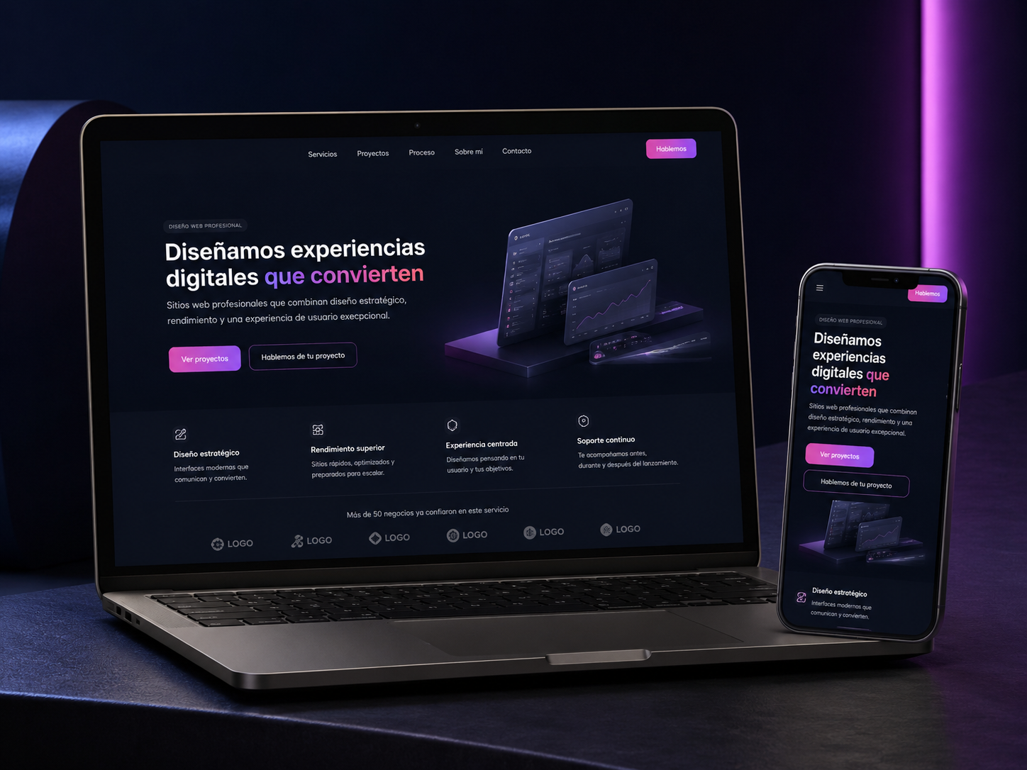 Mockup de página web profesional responsive en portátil y móvil