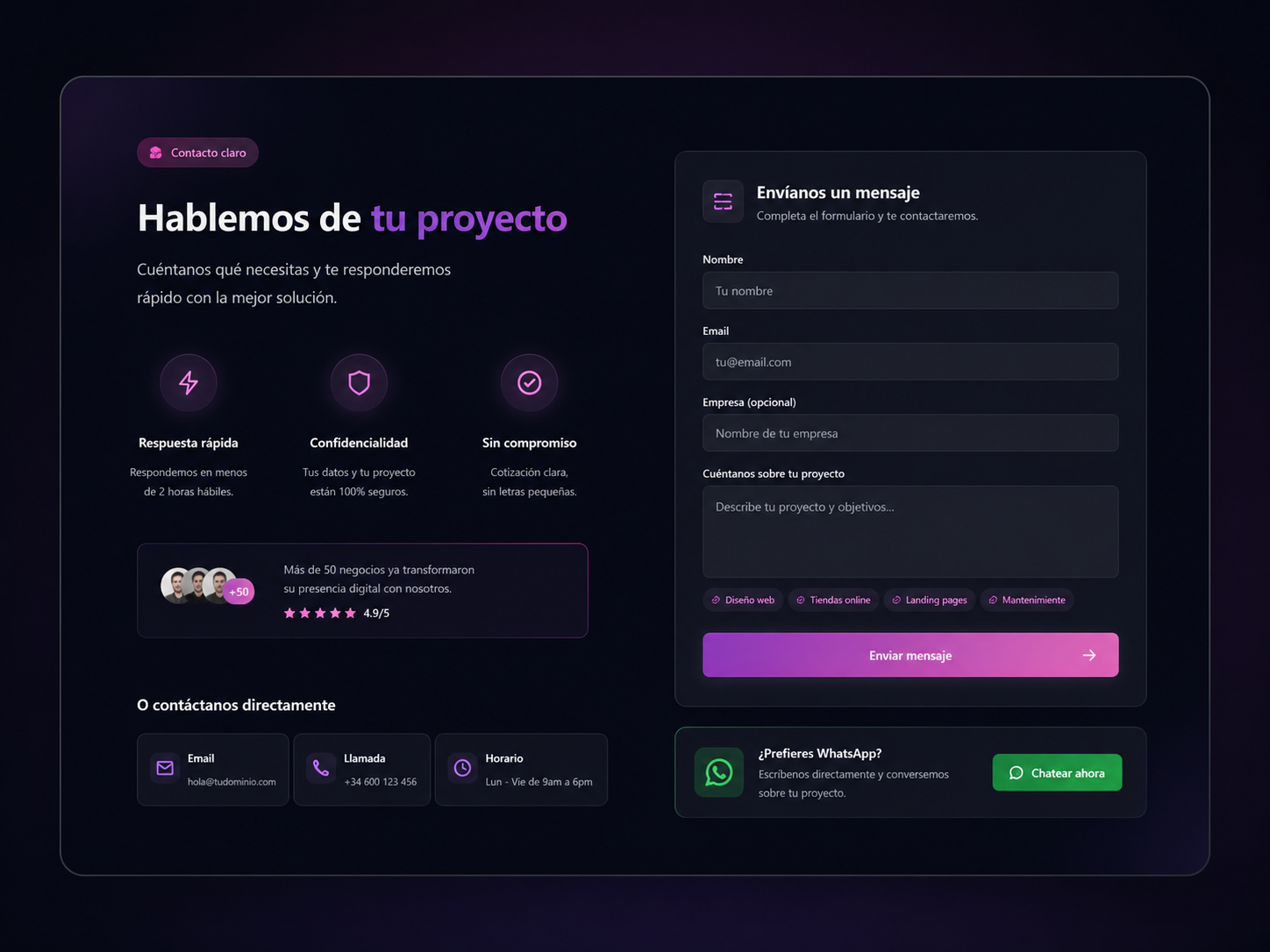 Sección de conversión web con botones de contacto, formulario y WhatsApp