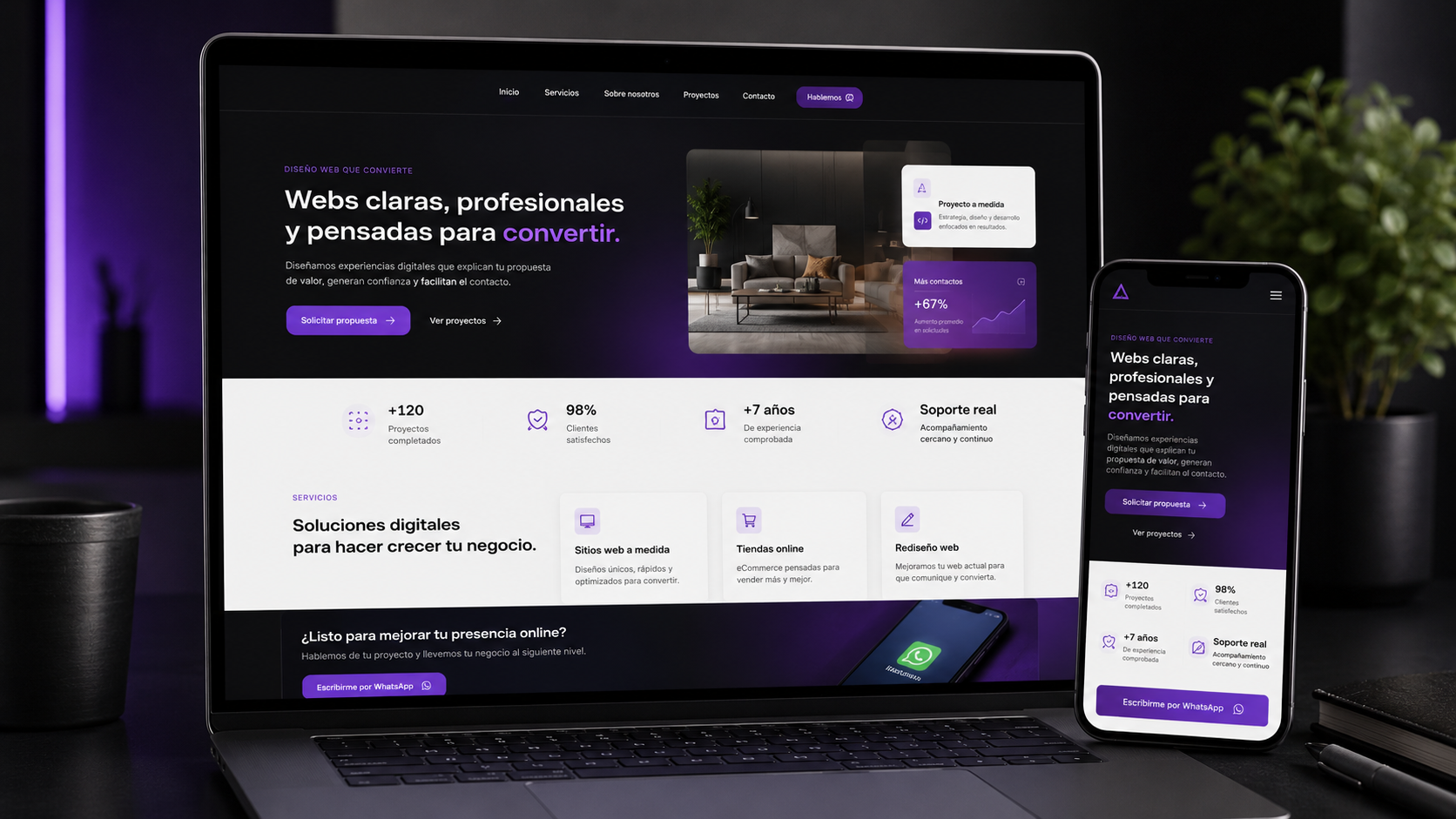 Mockup de diseño web profesional en portátil y móvil para negocios en Ourense