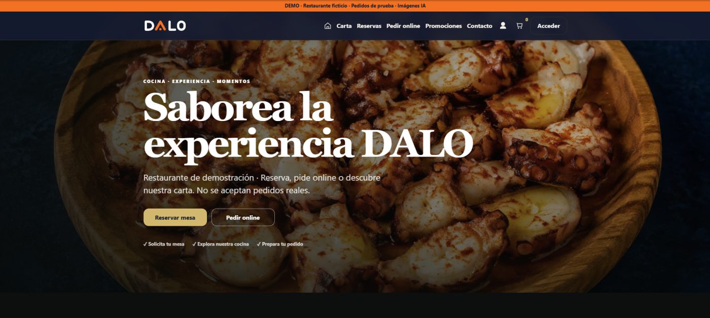 Portada de la web del restaurante hecha con DALO